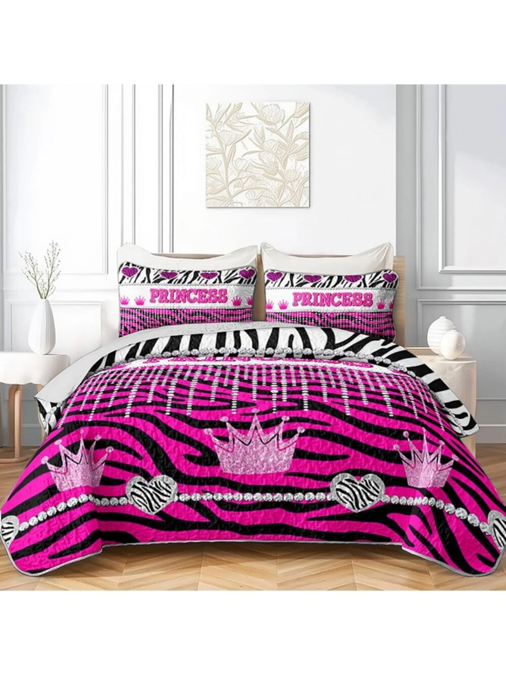 Zebra Stripes Quilt Set Full/Queen, Pink Heart Print Bedspread, Soft Lightweight